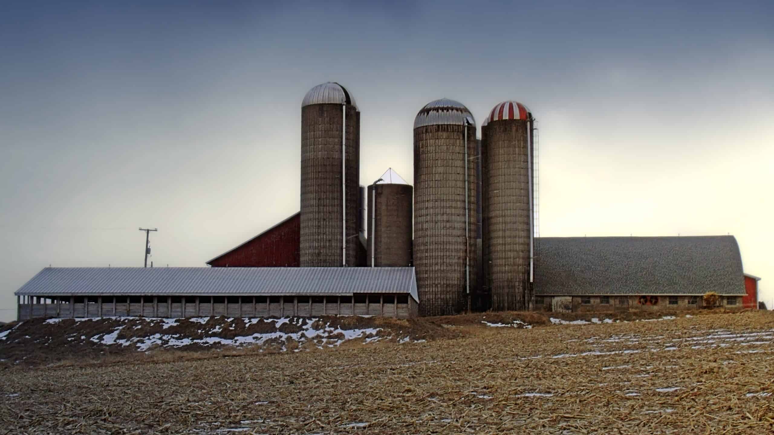 a barn with multiple silos