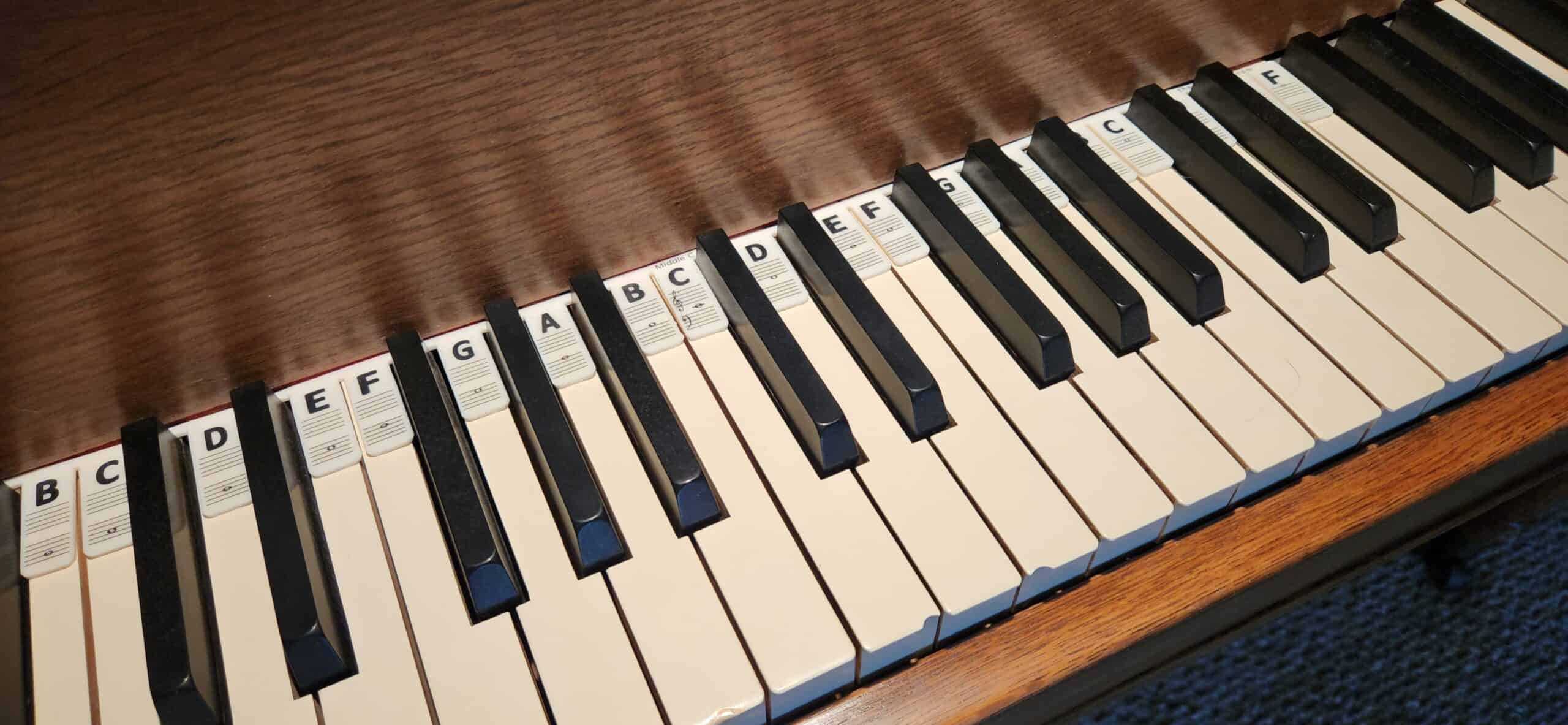 A piano keyboard with middle C labeled