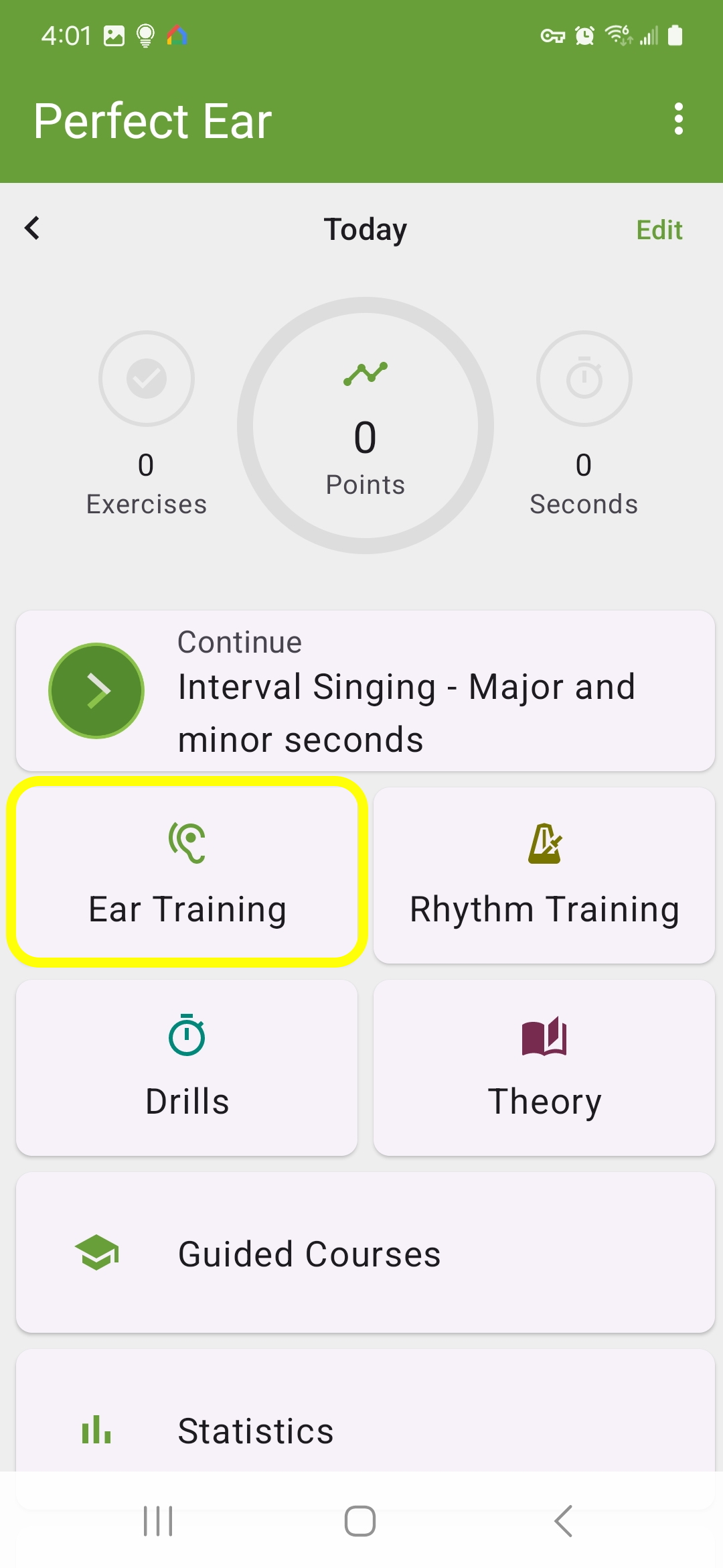 The Ear Training button on the Perfect Ear landing screen