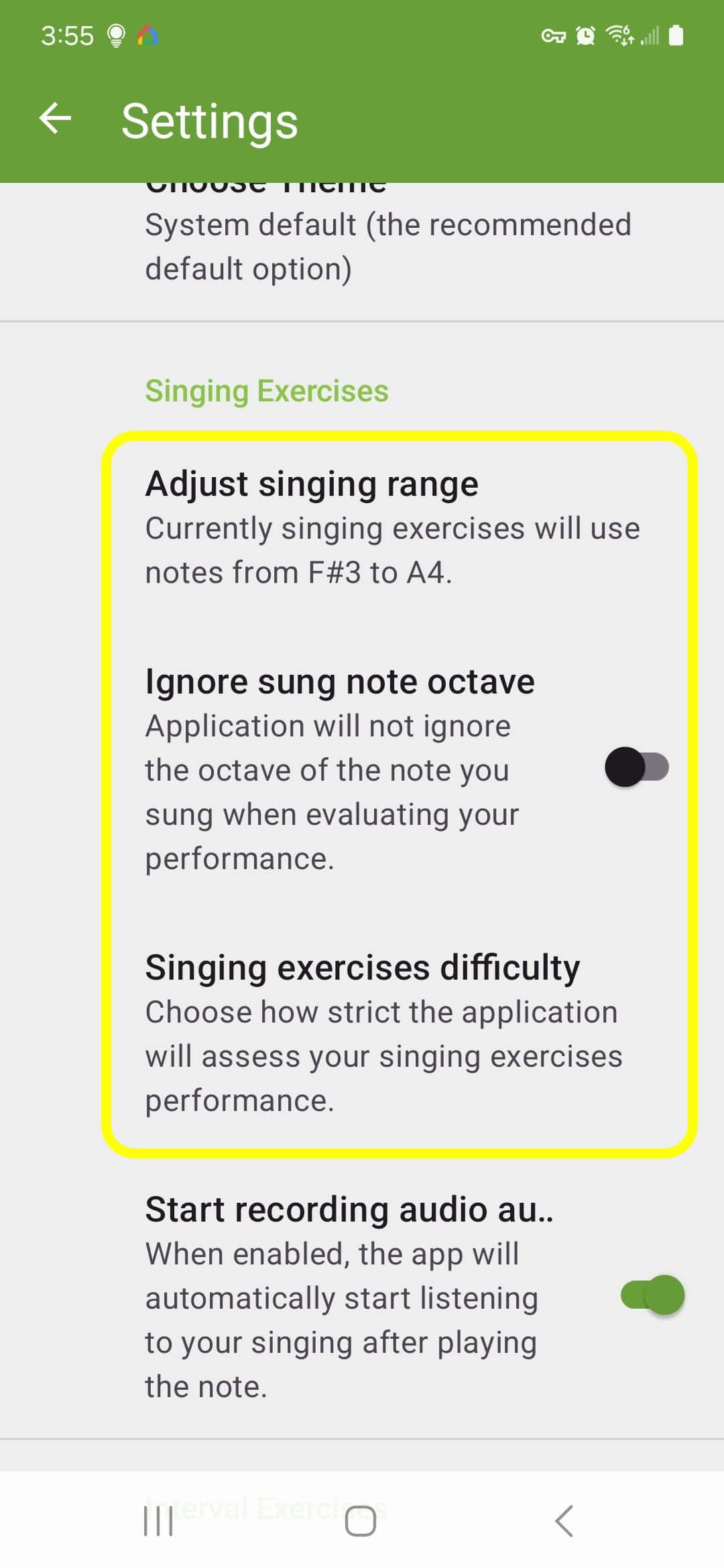 Perfect Ear Vocal Exercise settings