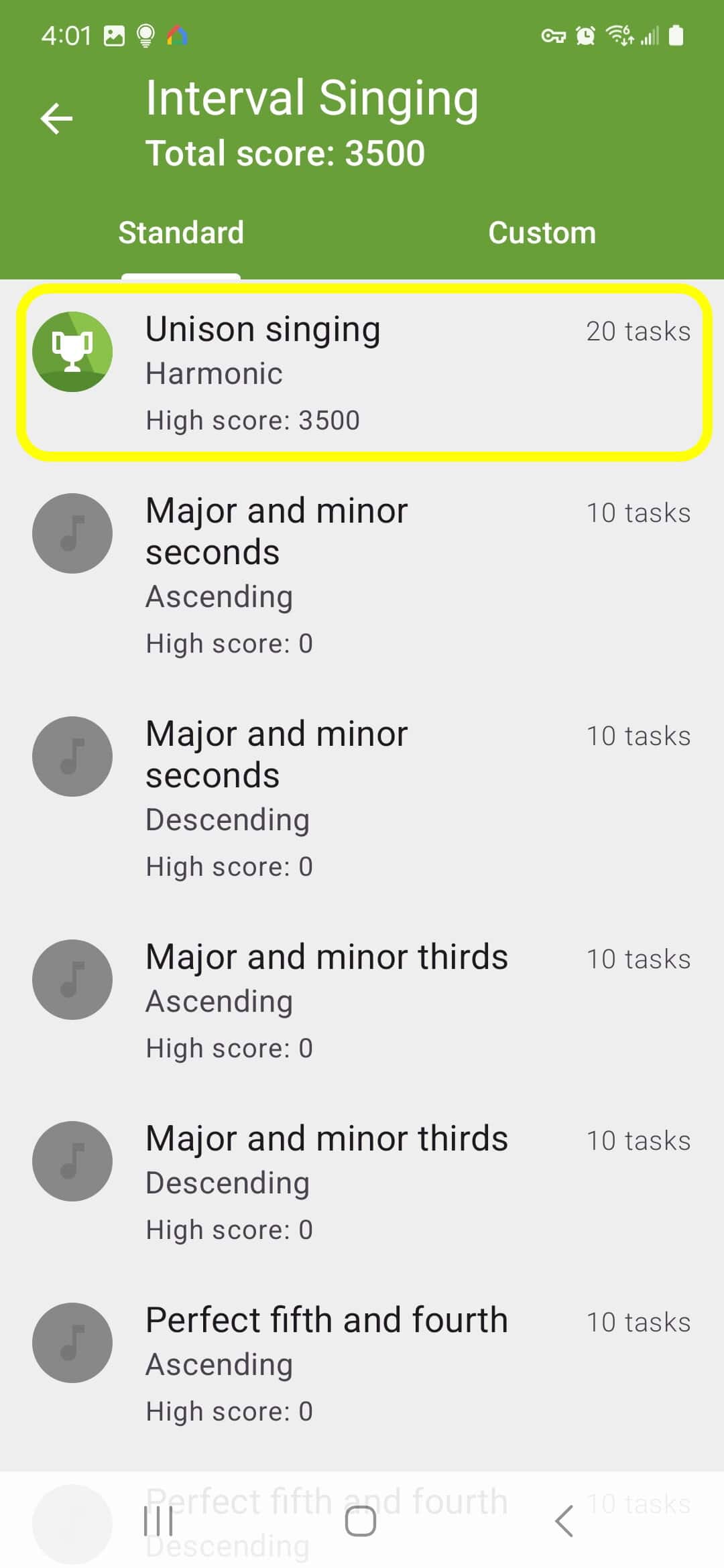 The Unison singing button in the Interval Singing options