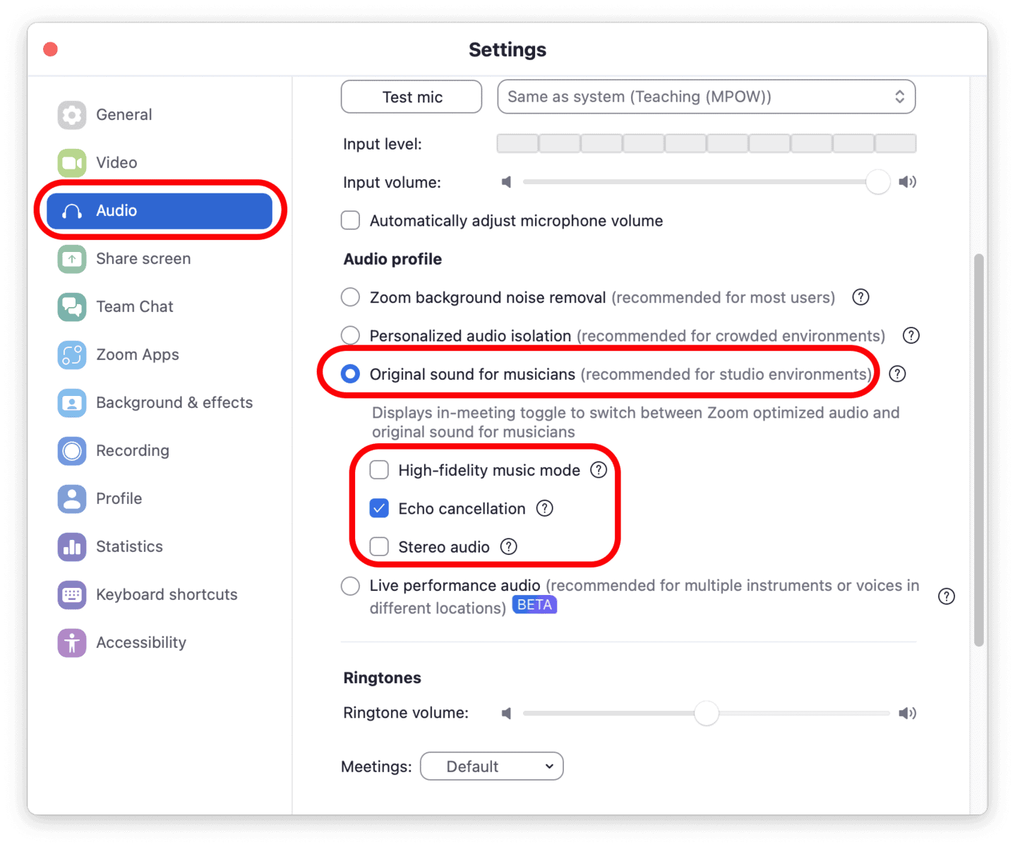 Zoom Settings, showing "Original Sound for Musicians" active in the "Audio Profile" section of the "Audio" settings tab.